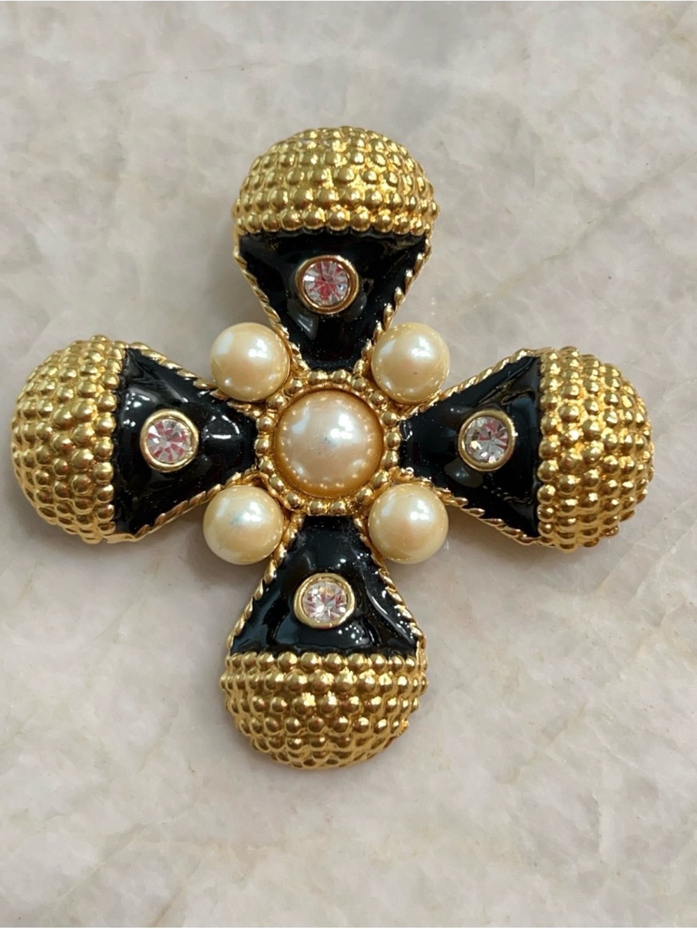 Vintage Premier Designs black and gold Maltese cross statement brooch